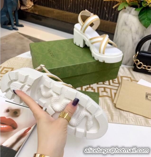 Good Quality Gucci Lug Sole Sandal with Web 050766 White 2021