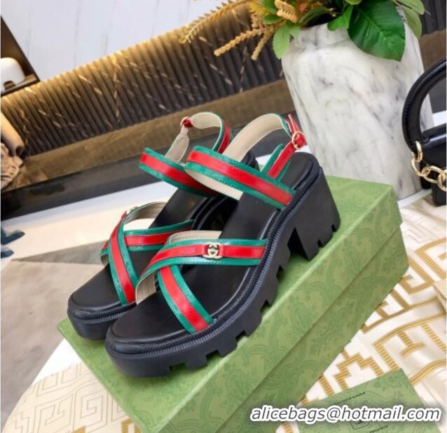 Good Product Gucci Lug Sole Sandal with Web 050768 Green 2021