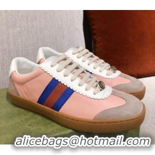 Top Quality Gucci Screener Web Leather Sneakers 051097 Pink 2021