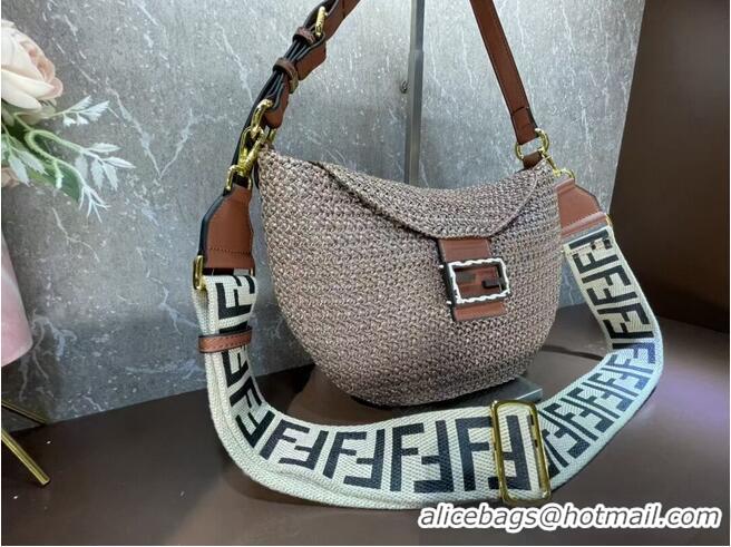 Good Quality FENDI SMALL CROISSANT Woven straw bag 8BR790AFG Brown