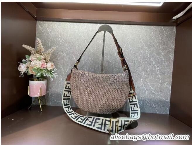 Good Quality FENDI SMALL CROISSANT Woven straw bag 8BR790AFG Brown