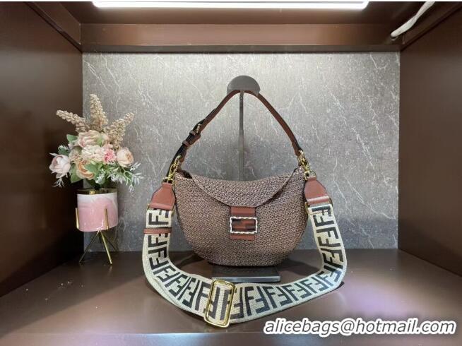 Good Quality FENDI SMALL CROISSANT Woven straw bag 8BR790AFG Brown