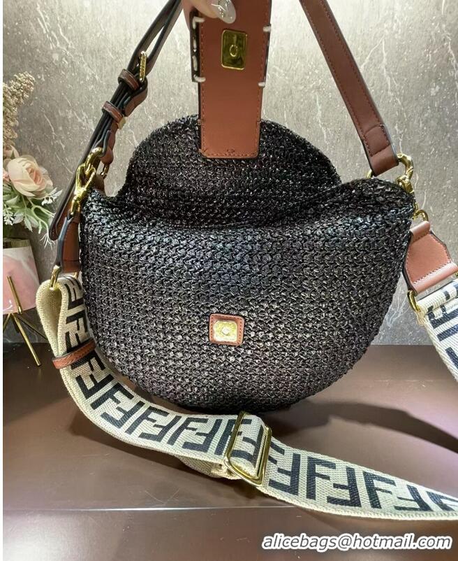 Buy Inexpensive FENDI SMALL CROISSANT Woven straw bag 8BR790AFG Black