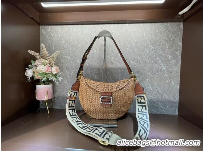 Modern Classic FENDI SMALL CROISSANT Woven straw bag 8BR790AFG natural