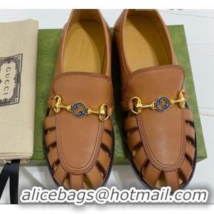 Pretty Style Gucci Calfskin Cut out Loafers 061162 Brown 2021