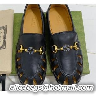 Shop Duplicate Gucci Calfskin Cut out Loafers 061164 Black 2021