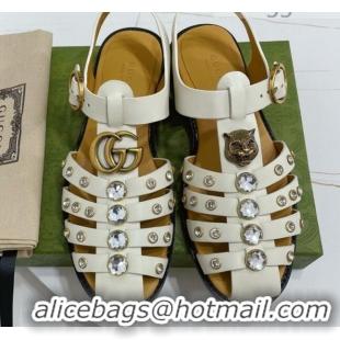 Good Quality Gucci Crystal Stud Flat Sandals 061165 White 2021