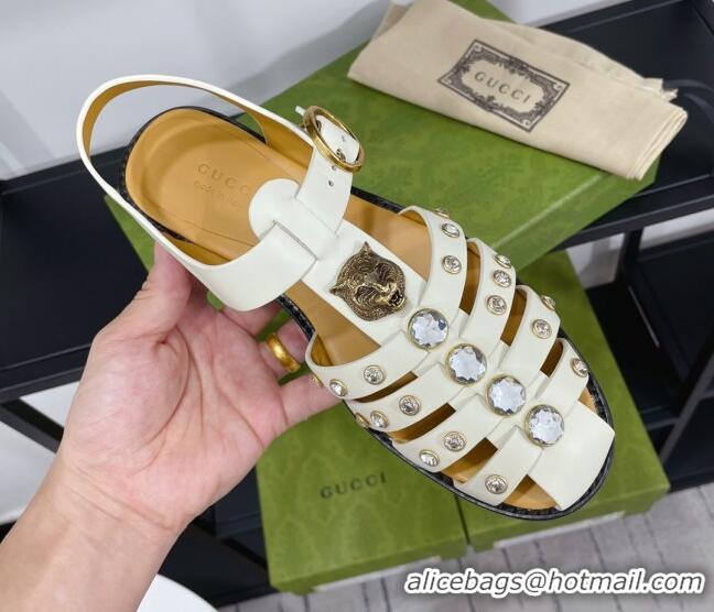 Good Quality Gucci Crystal Stud Flat Sandals 061165 White 2021