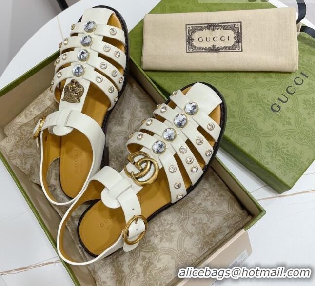 Good Quality Gucci Crystal Stud Flat Sandals 061165 White 2021