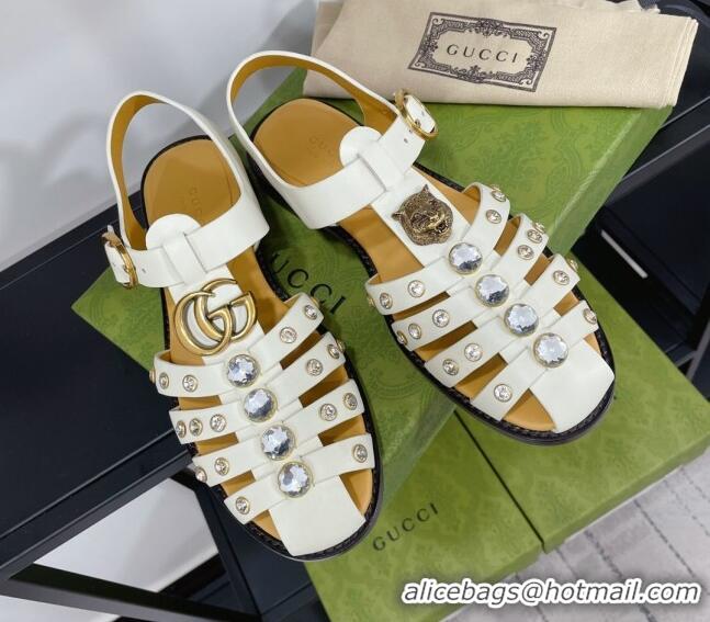 Good Quality Gucci Crystal Stud Flat Sandals 061165 White 2021