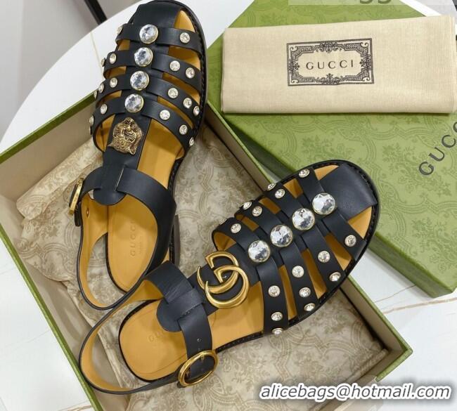 Top Quality Gucci Crystal Stud Flat Sandals 061166 Black 2021