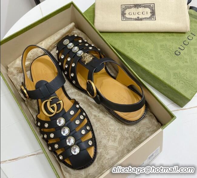 Top Quality Gucci Crystal Stud Flat Sandals 061166 Black 2021