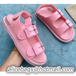 Good Product Gucci Rubber Strap Flat Sandals with Mini Double G 061171 Pink 2021