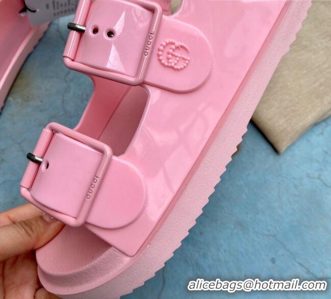 Good Product Gucci Rubber Strap Flat Sandals with Mini Double G 061171 Pink 2021