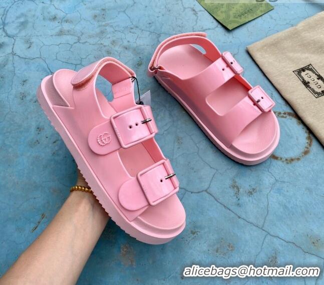 Good Product Gucci Rubber Strap Flat Sandals with Mini Double G 061171 Pink 2021