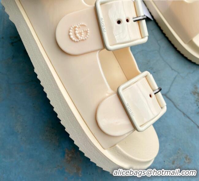 Custom Gucci Rubber Strap Flat Sandals with Mini Double G 061171 Apricot 2021