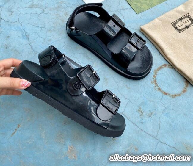 Fashion Gucci Rubber Strap Flat Sandals with Mini Double G 061171 Black 2021