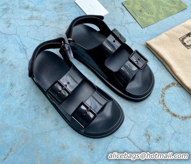 Fashion Gucci Rubber Strap Flat Sandals with Mini Double G 061171 Black 2021