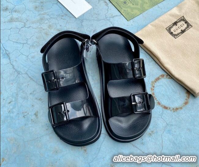 Fashion Gucci Rubber Strap Flat Sandals with Mini Double G 061171 Black 2021