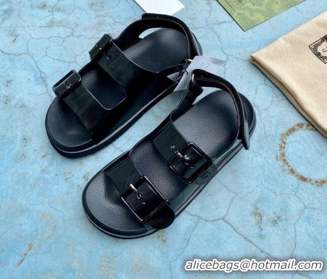 Fashion Gucci Rubber Strap Flat Sandals with Mini Double G 061171 Black 2021