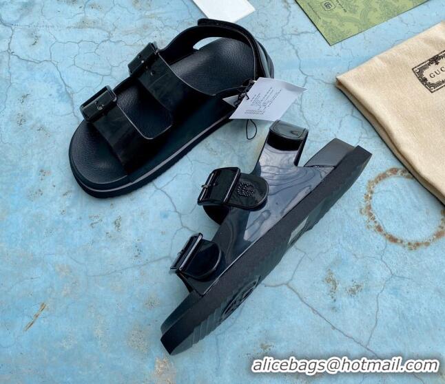 Fashion Gucci Rubber Strap Flat Sandals with Mini Double G 061171 Black 2021