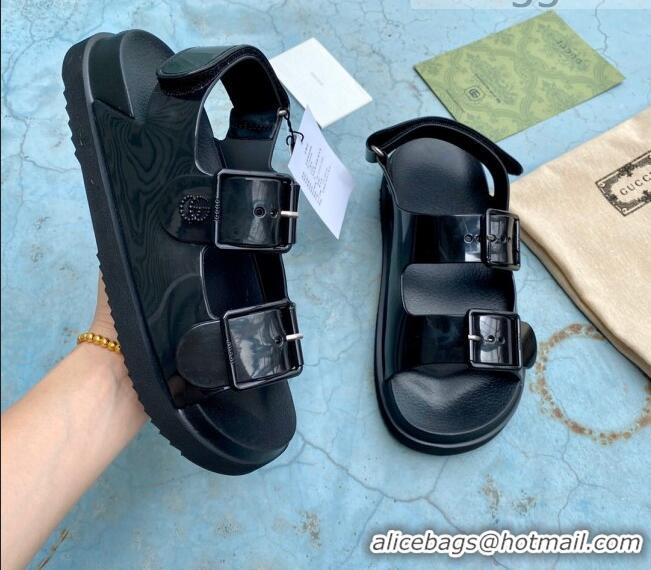 Fashion Gucci Rubber Strap Flat Sandals with Mini Double G 061171 Black 2021