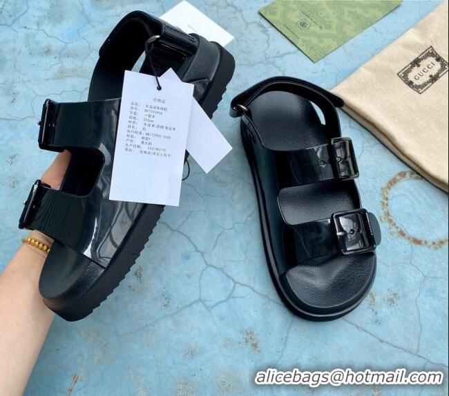 Fashion Gucci Rubber Strap Flat Sandals with Mini Double G 061171 Black 2021