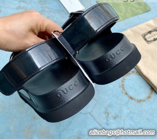 Fashion Gucci Rubber Strap Flat Sandals with Mini Double G 061171 Black 2021