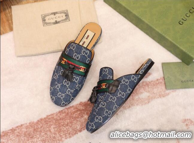 Good Looking Gucci GG Denim Slipper with Tassels 070303 Blue 2021