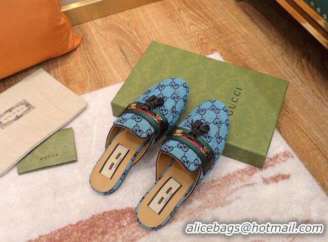 Top Grade Gucci GG Multicolor Canvas Slipper with Tassels 070304 Blue 2021