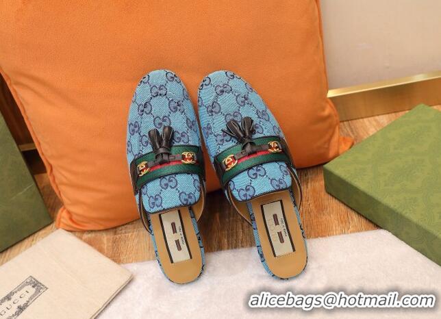 Top Grade Gucci GG Multicolor Canvas Slipper with Tassels 070304 Blue 2021