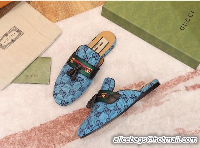 Top Grade Gucci GG Multicolor Canvas Slipper with Tassels 070304 Blue 2021