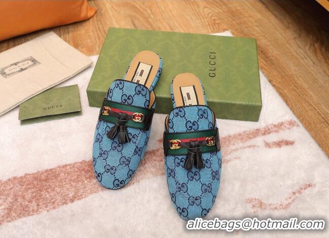 Top Grade Gucci GG Multicolor Canvas Slipper with Tassels 070304 Blue 2021