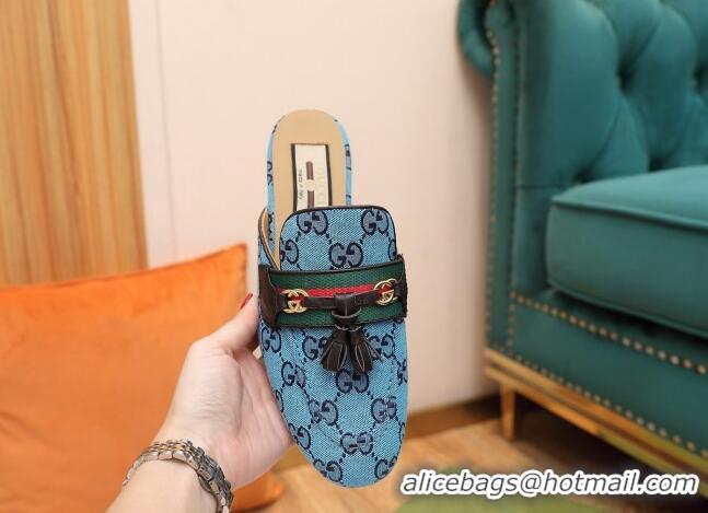 Top Grade Gucci GG Multicolor Canvas Slipper with Tassels 070304 Blue 2021