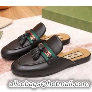 Grade Quality Gucci Leather Slipper with Tassels 070305 Black 2021