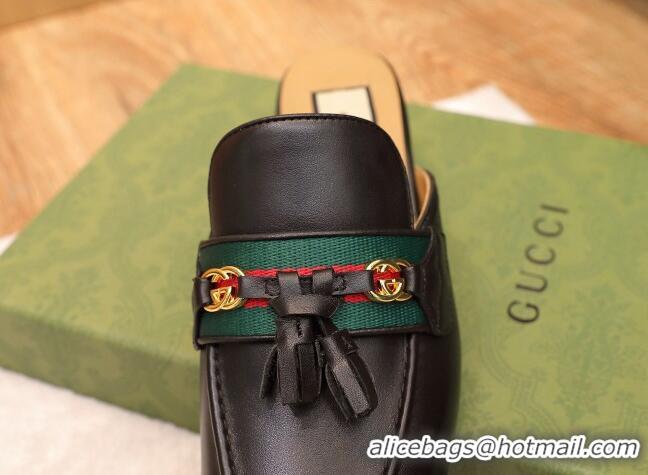 Grade Quality Gucci Leather Slipper with Tassels 070305 Black 2021