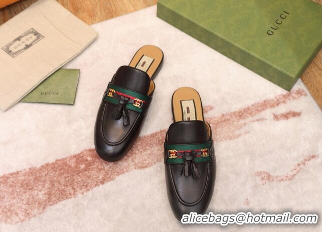 Grade Quality Gucci Leather Slipper with Tassels 070305 Black 2021