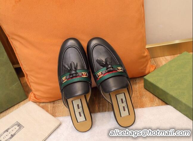 Grade Quality Gucci Leather Slipper with Tassels 070305 Black 2021