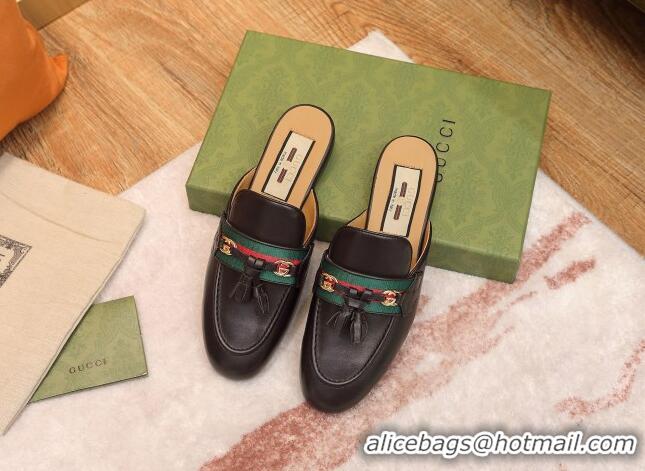 Grade Quality Gucci Leather Slipper with Tassels 070305 Black 2021