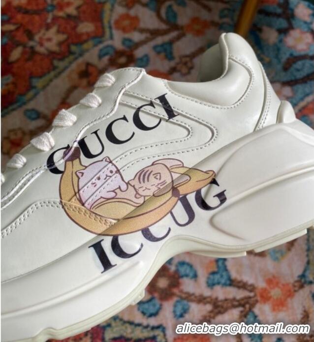 Top Design Gucci Rhyton Calfskin Sneaker with Bananya White/Yellow 070554