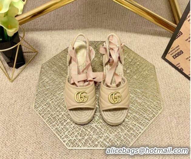 Cute Gucci GG Lambskin Wedge Sandals 10cm 070884 Beige