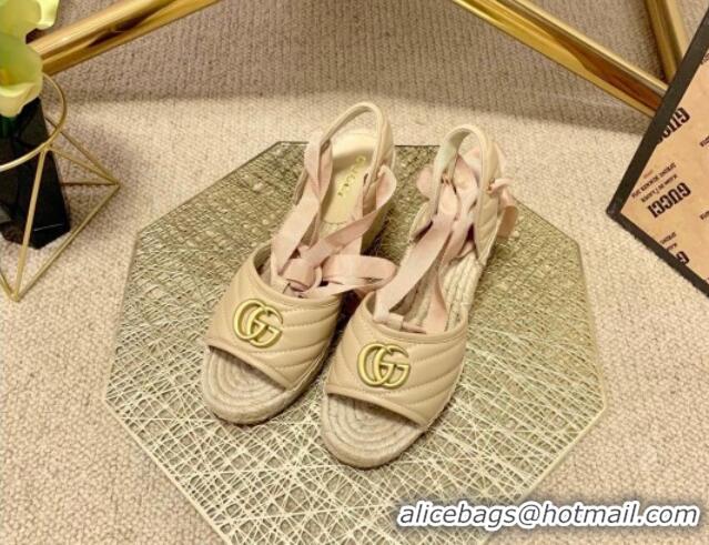 Cute Gucci GG Lambskin Wedge Sandals 10cm 070884 Beige