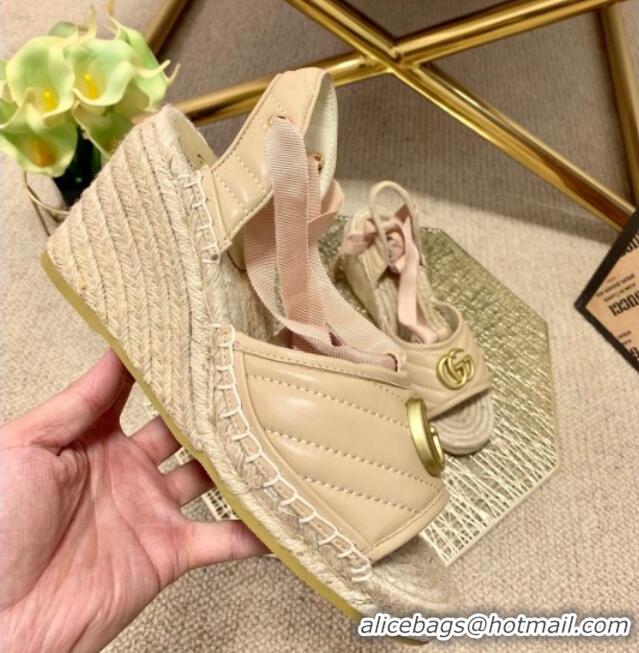 Cute Gucci GG Lambskin Wedge Sandals 10cm 070884 Beige