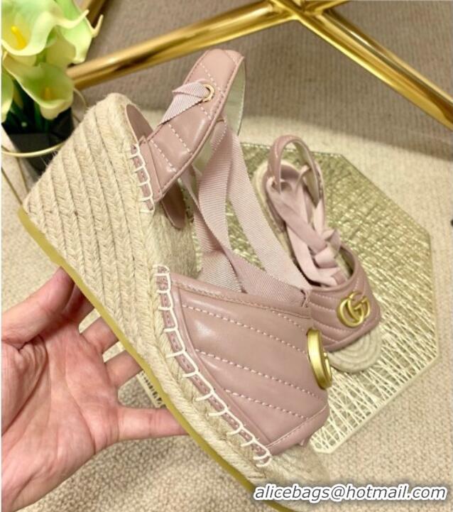 Good Quality Gucci GG Lambskin Wedge Sandals 10cm 070884 Dusty Pink