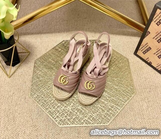 Good Quality Gucci GG Lambskin Wedge Sandals 10cm 070884 Dusty Pink