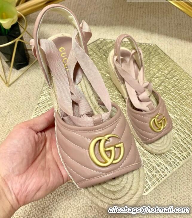 Good Quality Gucci GG Lambskin Wedge Sandals 10cm 070884 Dusty Pink