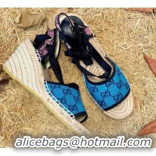 Good Quality Gucci GG Multicolor Canvas Wedge Sandals 070904 Blue 2021