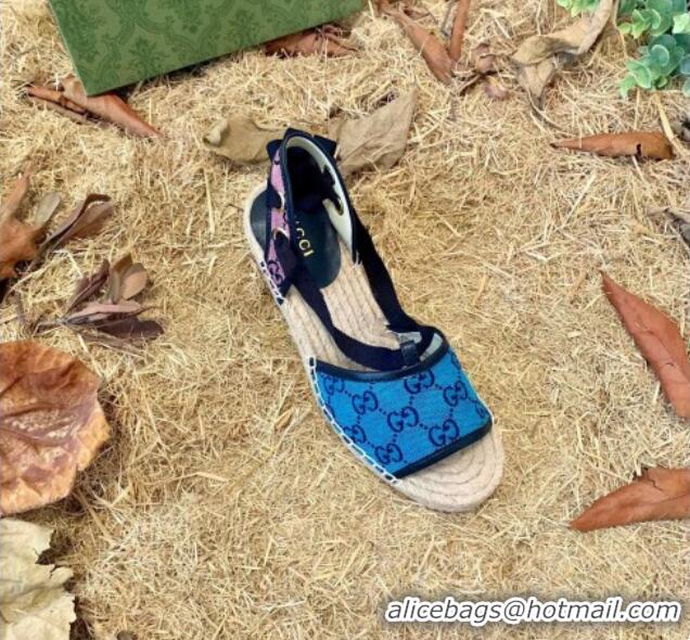 Good Quality Gucci GG Multicolor Canvas Wedge Sandals 070904 Blue 2021