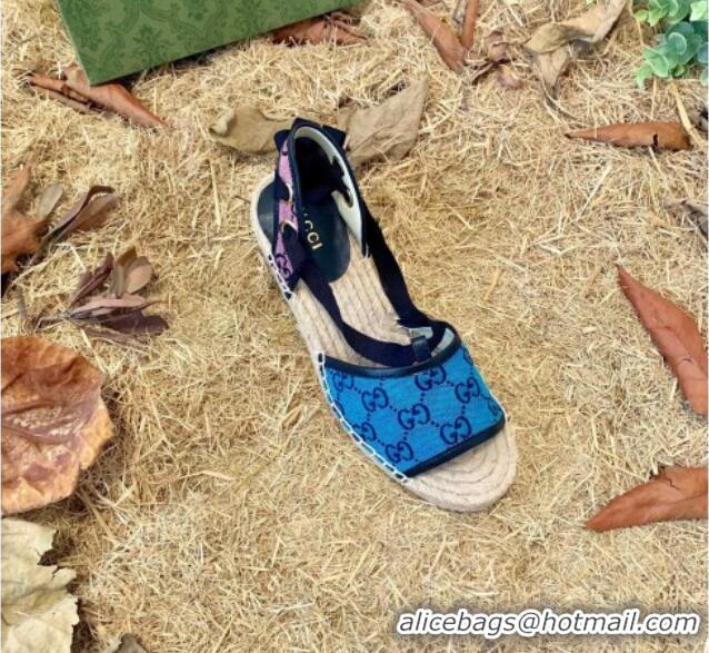 Good Quality Gucci GG Multicolor Canvas Wedge Sandals 070904 Blue 2021