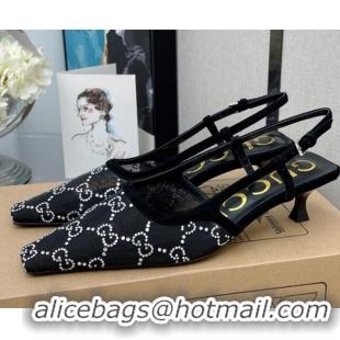 Unique Style Gucci GG Crystal Mesh Slingback Pumps 4.5cm 070988 Black 2021